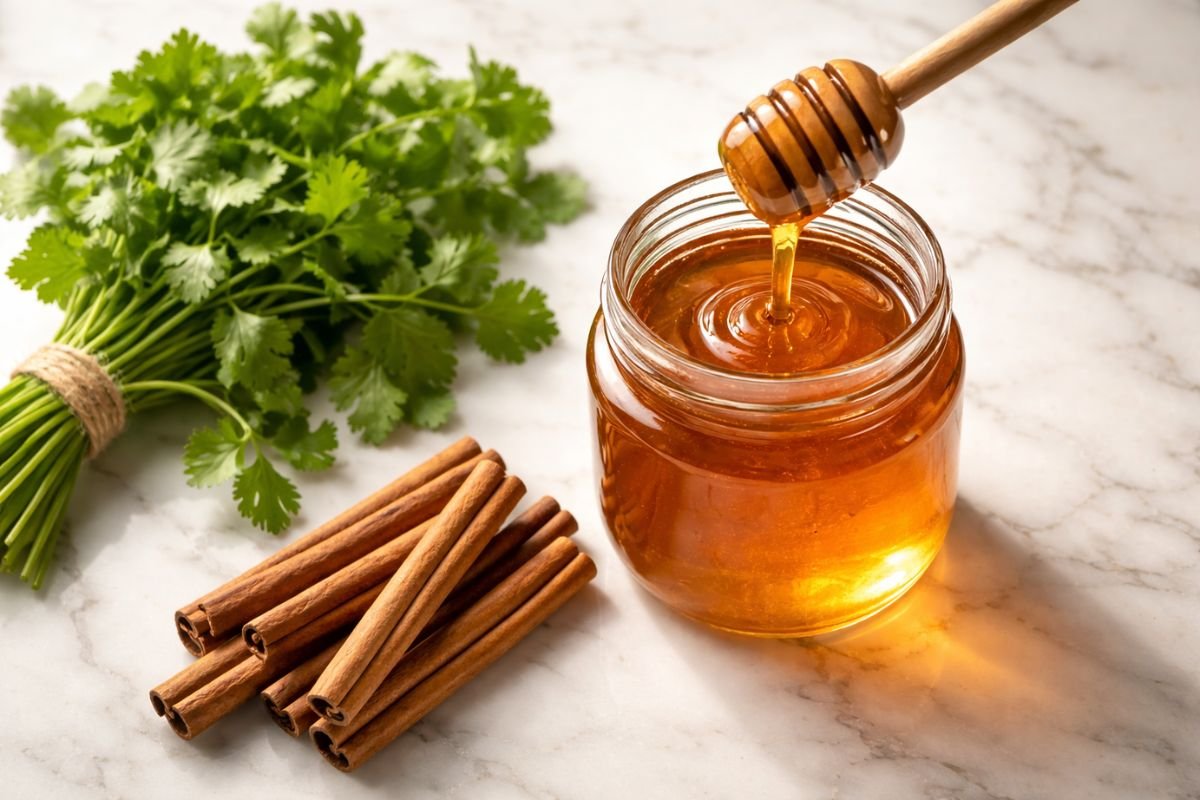Miel cruda, cilantro fresco y canela de Ceylán